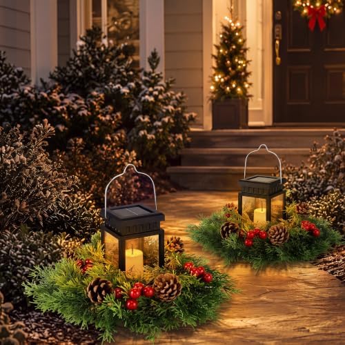2 Pack Solar Christmas Lanterns, 2 in 1 Outdoor Candle Lantern with Wreaths by Unknown