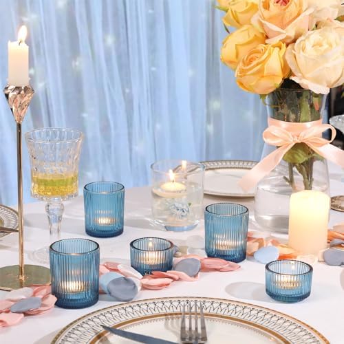 NITIME 20pcs Ribbed Blue Votive Candle Holders, Assorted Tea Lights Candle Holder, Blue Glass Candle Holders for Table Centerpiece, Wedding Table Settings and Party Decorations - Image 5