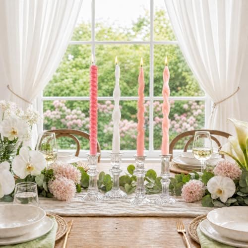 4 Pack Twisted Taper Candles Unscented Dripless Spiral Candlesticks Smokeless Swirl Wax Colorful Decorative Candle Sticks for Wedding Dinner Party Home Decor (Pastel Pink White, 9.7 inch) - Image 4