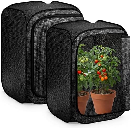 SATINIOR 2 Pack 70% Garden Plant Shade Tent UV Resistant Pop up Plant Protector Sun Shade Netting with Zipper Outdoor Insect Barrier Mesh Guard Cover from Animals Bird(Cage Style,15.8"x15.8"x23.6") by SATINIOR
