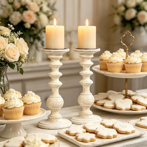 Hosley Set of 2 White Wooden Pillar Candle Holder 11 Inch High Country Style Ideal for Weddings or Parties as Well as Home Decor - Image 3