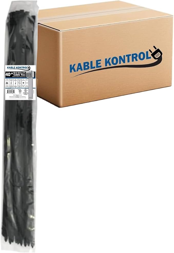 Kable Kontrol Cable Zip Ties Black 1,000 Pcs 40 Inch, 250 Lbs Tensile Strength, Bulk Pack, Self-locking UV Resistant Plastic Nylon Wire Ties, for Indoor or Outdoor Use
