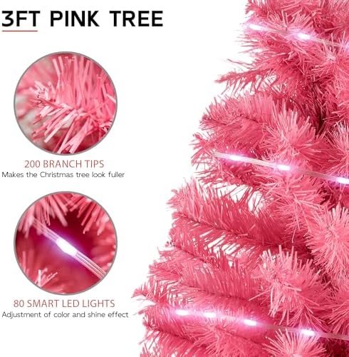 Pink 3ft Christmas Tree with Lights, Small 36inch Artificial Tree Mini Table Top Decorations, Xmas Desk Tree with 80 Colored Lights, 200 Branch, Holiday Decor for Home,Indoor Office Tabletop - Image 6