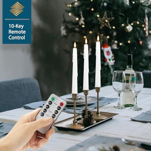Dripless Flameless Taper Candles with Remote, Real Wax Battery Operated LED Candles Set with 3D Flickering Flame, 3Pcs White 9.6" Realistic Candlesticks as Mothers Day Gifts, Gifts for Mom - Image 4