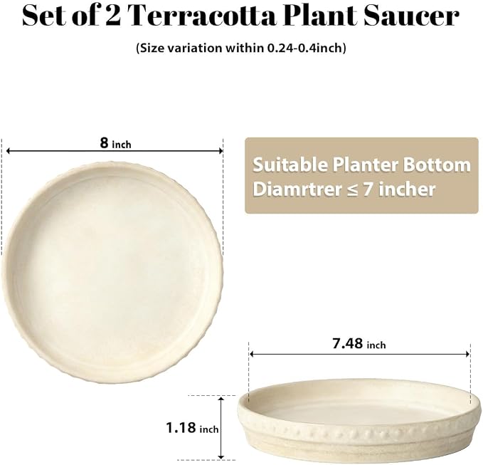 YBX 8-inch Plant Saucer Premium Terracotta Saucer Round Ceramic Plant Trays, Pack of 2 (Beige White)