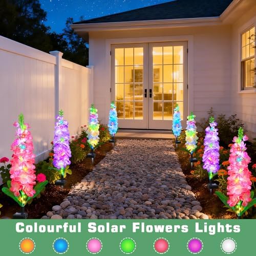 Solar Garden Lights Outdoor 4 Pack, Waterproof Solar Flower Stake Lights 80 LED Delphinium Flowers, 2 Modes, Outdoor Decor for Yard, Patio, Lawn, Flower Beds, Gifts for Mom Women - Image 2