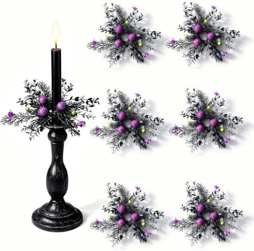 6 Pcs 1.38" Mini Halloween Taper Candle Rings Wreaths Small Artificial with Black Foliage Purple Glitter Balls Green Berries Purple Flowers Taper Candle Holder Wreath for Gothic Spooky Farmhouse Home by Unknown