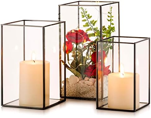 Nuptio Glass Hurricane Candle Holder for Pillar Candles 3 Pcs Black Metal Candle Holders Large Rectangular Candleholder Vase Centerpieces Decoration for Halloween Christmas Party 9.5 & 8.1 & 6.5 inch by Nuptio