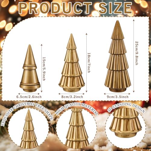 3 Pcs Neutral Christmas Tree Figurines,Gold - Image 3