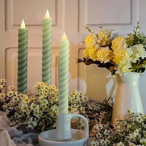 Baquler 6 Pcs Sage Green Flameless Taper Candle Twisted LED 9.65 Inch Taper Candles Battery Operated Twisted Candlesticks for Summer Wedding Birthday Home Party Holiday Dinner Fireplace Decor - Image 4