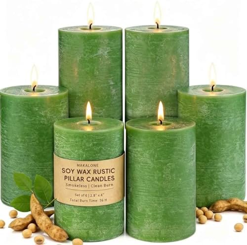 6 Pack Moss Green Soy Pillar Candles, 2.8x4in - 330H Total Burn Time - Rustic Textured Natural Wax - Non-Toxic, Dripless & Smokeless Hand-Poured Candles for Spring Home Decor, Dinner Table, Wedding by MAKALONE