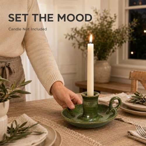 Candle Holder Ceramic Candlestick Holder, Candlelight Stand for Spell Candles, Taper Candles, and Incense, Halloween Christmas Dining Room Home Decoration Display-Reactive Glaze Green - Image 4