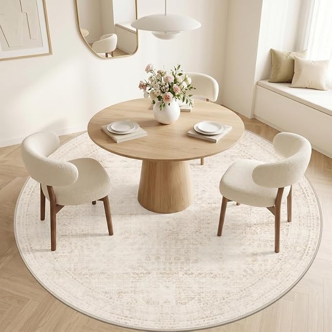 Round Area Rug Living Room: 8ft Neutral Washable Carpet Rug Beige | Vintage Boho Circle Soft Large Circular Carpet Bedroom Nursery Farmhouse Dining Room Indoor Decor Floor Non-Slip Under Table