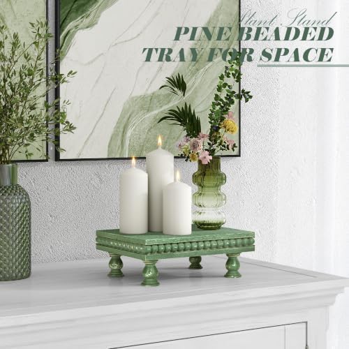 EOSAHR Wood Riser with Beaded: Pedestal Stand for Rustic Home Decor, Green - Image 4