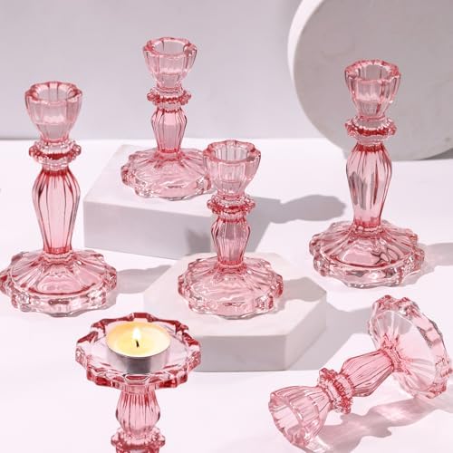 Pink Candlestick Holders Set of 6, Glass Taper Candle Holders by Simeitol