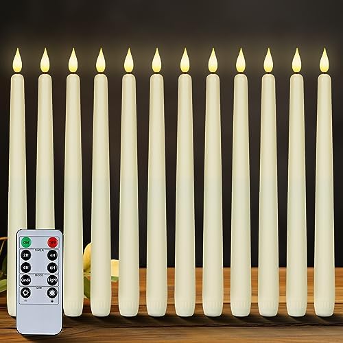 Homemory 12 Pcs Flameless Taper Candles with Remote Timer Dimmer, 11 inches Ivory Taper Candles Battery Operated, Plastic LED Candlesticks with Flickering Flame for Halloween Christmas Church Wedding by Homemory
