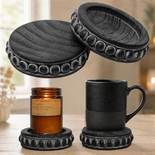 Felt Creative Home Goods Set of 2 Round Rustic Wood Beaded Risers - Sturdy 2-Sided Stackable Decor Pedestal Stands for Tiered Tray, Candle, Mug Display (Rustic Black, 5 inch) by FeltCreativeHomeGoods