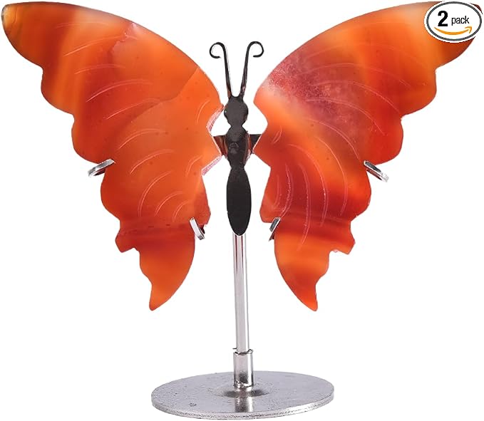 JIC Gem Natural Red Agate Crystal Butterfly Red Healing Gemstone Art Wings Carving Craft with Display Stand Decoration Reiki Chakra Balance (1pair, 10cm)