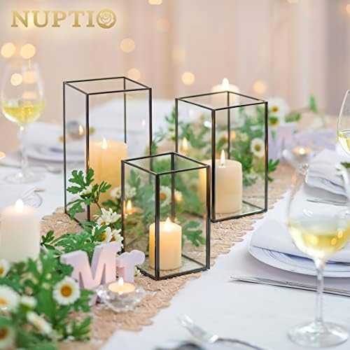 Nuptio Glass Candle Holders Hurricane Holder for Pillar Candles 6 Pcs Black Metal Candle Holders Large Rectangular Candleholder Vase Centerpieces Decoration for Wedding Fireplace 9.5 & 8.1 & 6.5 inch - Image 6