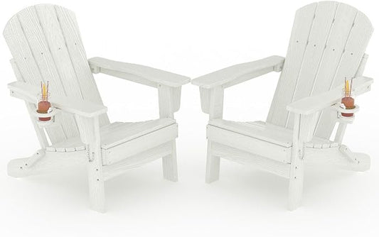 Folding Adirondack Chair Set of 2, All-Weather HDPE Outdoor Chair, Wooden Textured with Cup Holder for patios, Decks, Gardens, fire pits, White