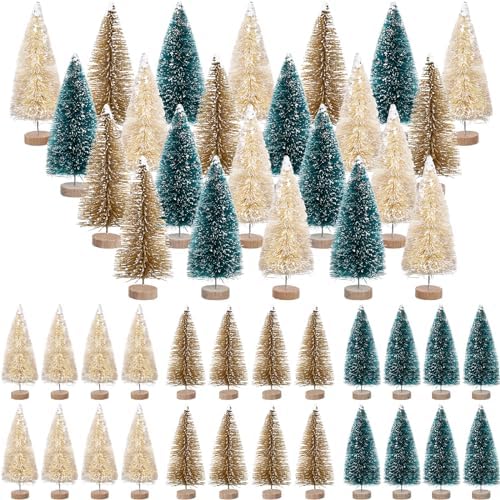 24 Pcs 4 Inch Mini Christmas Tree Bottle Brush Trees Artificial Frosted Sisal Christmas Tree with Wood Base for Christmas Decoration and Display Home Tabletop (Gold, Cyan, Beige) by Yuxung