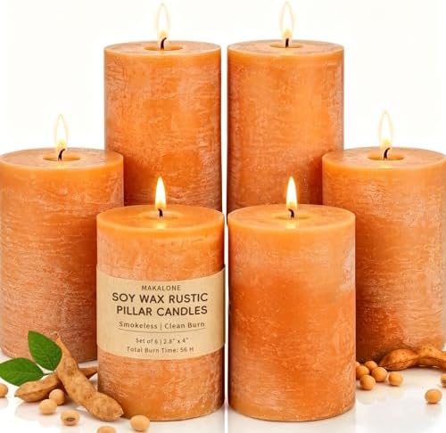 Burnt Orange Rustic Pillar Candles 6 Pack,2.8 x 4 Inch Soy Wax Candle by MAKALONE
