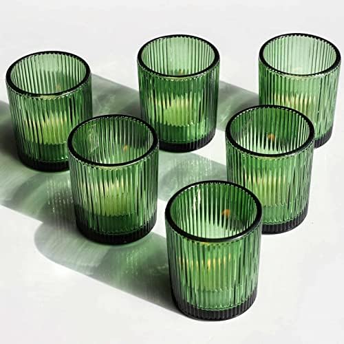 VOHO 12pcs Green Candle Holder Ribbed Glass, Votive Candle Holders Bulk by VOHO