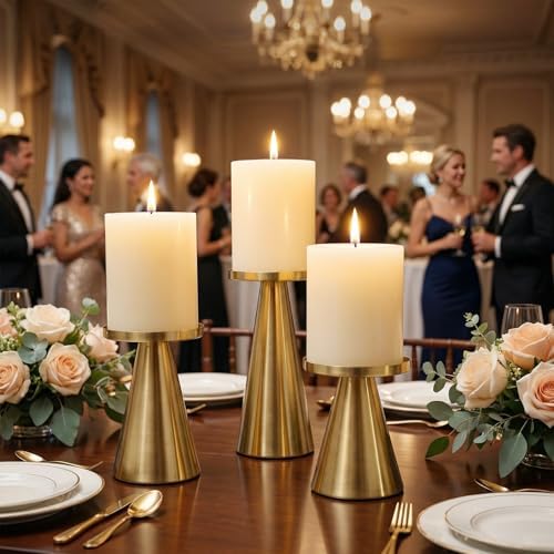 Set of 3 Gold Iron Pillar Candle Holders 4 & 4.7 & 6.4 Inch Tall - Image 6