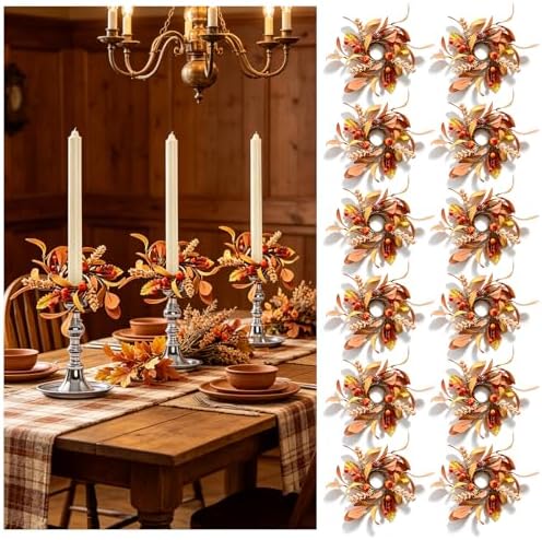 12 PCS Fall Taper Candle Rings Wreaths 1.38" Pumpkin Berries Wheat Taper Candle Holder Wreaths Thanksgiving Autumn Harvest Mini Floral Wreath for Pillar Candle Farmhouse Home Table Candlesticks Decor by Unknown
