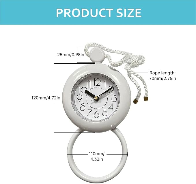 Waterproo-f Bathroom Hanging Clock, Shower Rope Clock with Stand Dual Purpose Wall Clock with Towel Rack Easy to Read for Kitchen, Toilet, 4.72 inch Round Size