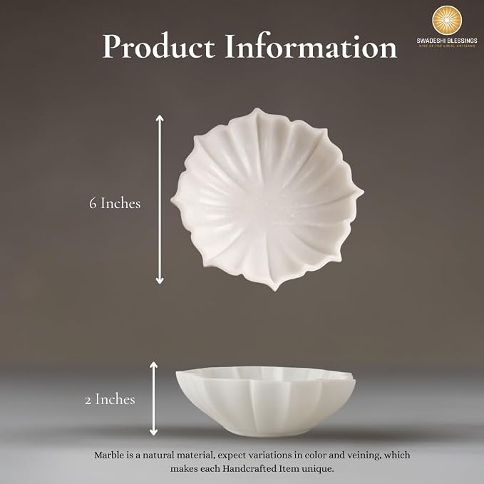 SWADESHI BLESSINGS HandCrafted Marble Lotus Bowl/Organic Modern Home Decor Bowl/Fruit Bowl/Vintage Ring Dish/Decorative Flower Dish/HouseWarming Gifts/Wedding Gifts/Urli (6 Inches)