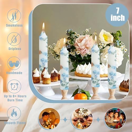 7 inch Short Candle Floral Candle Sticks Printed Candlestick Handmade Unscented Taper Candle 4 Pack Light Blue Flower Tapered Candles for Home Dinner Wedding Holiday - Image 3