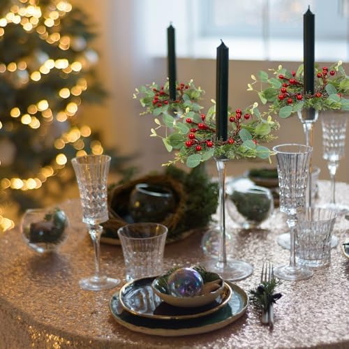 6 PCS Christmas Pine Taper Candle Rings Wreaths 1.38" Mini Norfolk Cedar Taper Candle Holder Wreaths Candle Rings with Berry for Xmas Winter Holiday Church Home Table Centerpiece Candlesticks Decor - Image 2