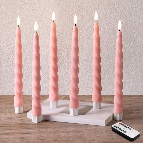 Pink Spiral Flameless Taper Candles with Remote Set of 6 by Girimax