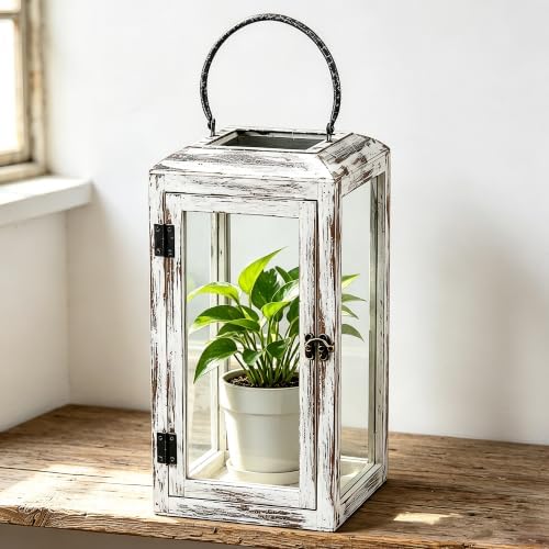 16" High Wooden Lantern Made of Solid Firwood in Whitewash with Metal Handle,Hurricane Lantern, Farmhouse Lantern for Party, Deck, Front Porch - Image 5