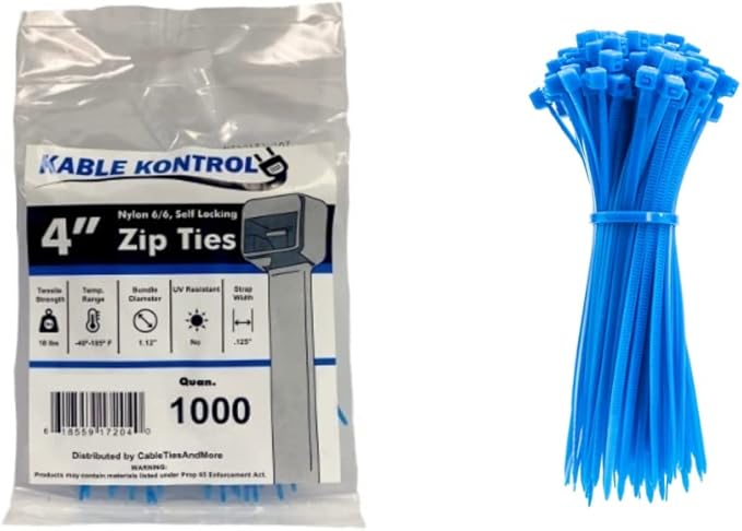 Kable Kontrol Blue Zip Ties 4 Inch 1000 Pcs, 18 Lbs Tensile Strength, Self-locking Nylon Colored Cable Ties Wire Wraps for Indoor or Outdoor Use