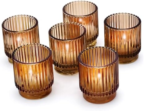 Kate Aspen Vintage Glass Tealight & Amber Votive Candle Holders (Set of 6) Rustic Fluted Candle Holder Set, Boho Home Decor, Wedding Table Centerpieces, Farmhouse Kitchen Table Decor by KateAspen