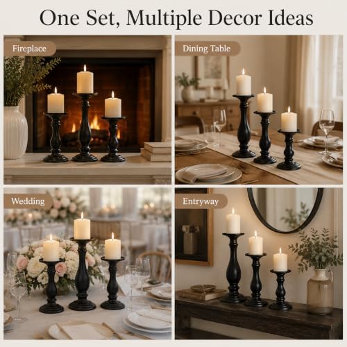 Matte Black Pillar Candle Holders Set of 3, 6/8/10 Inch Metal Stands for 3 or 4 Inch Pillars, Fireplace Mantel Table Centerpiece, Rustic Farmhouse Wedding Decor - Image 6