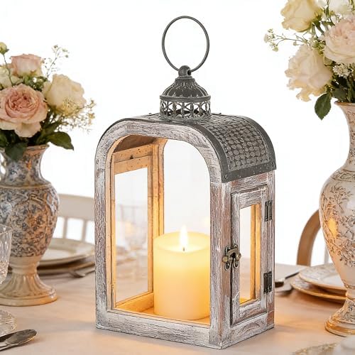 11" High Farmhouse Decorative Lanterns Set, Glass and Metal, Distressed White Wood Finish, Vintage Metal Top, Indoor Outdoor Candle Holders (Rustic White, 7"X4") - Image 3