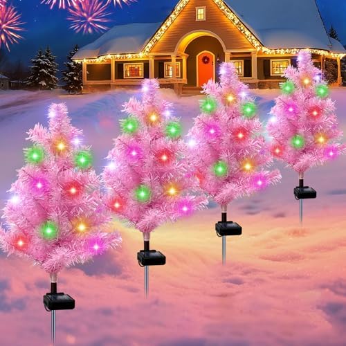 Solar Christmas Decorations Outdoor Decor, 4 Pack Multicolor Pink Christmas Tree Lights, Waterproof Solar Garden Lights for Yard Lawn Pathway Patio, Xmas Holiday Decor Pink by ZFNN