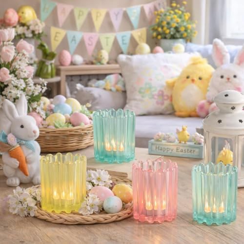 12PCS Glass Pink Votive Candle Holder, Blue Ribbed Votive Candle Holders - Image 3