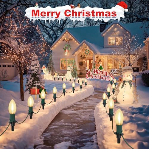 30Ft C9 Led 20 Bulbs Christmas Pathway Lights Outdoor, Warm White Led Bulbs Waterproof Connectable Christmas Walkway Lights with Stakes for Yard Lawn Sidewalk Driveway, Christmas Decorations - Image 2