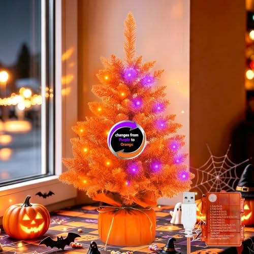 2FT Orange Halloween Tree with Lights, 50 LED Multicolor Prelit Mini Artificial Orange Christmas Tree, Tabletop Spooky Halloween Tree for Desk Home Indoor Holiday Party Decorations by ULL