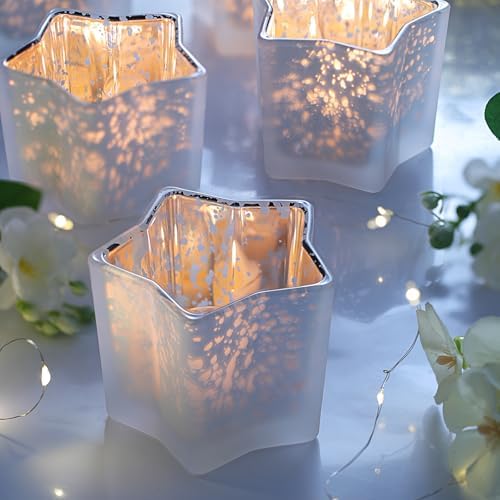 Letine 8pc Frosted White Star Tea Light Candle Holders - Mercury Glass Votive Holders for Wedding, Diwali, Fall & Holiday Decor - Elegant Starlight Vessels (2.44" Height, 1.45" Base) - Image 3