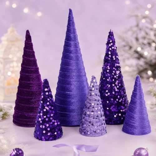 6 PCS 12" 10" 6" Purple Christmas Velvet Cone Tree Decoration Christmas Glitter Tree Flocked Table Centerpiecese Tiered Tray Ornament Xmas Tree for Home Holiday Mantle Wedding Party Tabletop Decor by Unknown