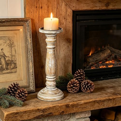 Hosley Farmhouse Wood Pillar Candle Holders Set of 2 – 12” Distressed Finish Tall Candlesticks for Table Centerpieces, Living Room, Wedding & Rustic Home Décor - Image 5