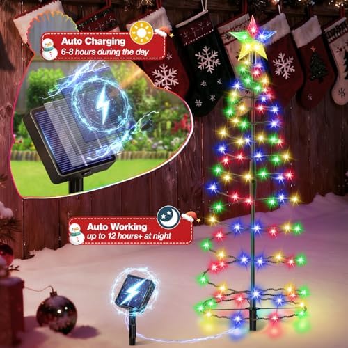 24" Spiral Solar Christmas Tree Outdoor Decorations 2 Pack - Upgrade 80 LEDs Multicolor Solar Christmas Lights with 8 Lighting Modes, Waterproof Pre-lit Xmas Tree for Pathway Garden Patio Yard - Image 3