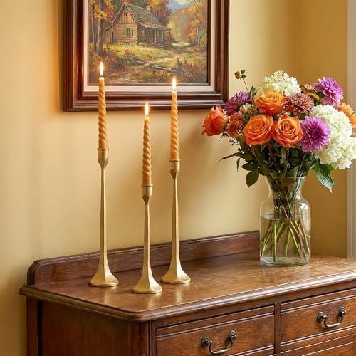 Vintage Gold Taper Candle Holders Set of 3 Cast Iron Brass Candlestick - Image 3