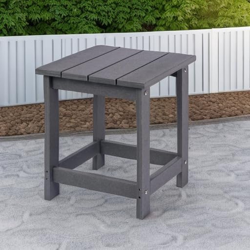 LZRS Patio Side Table, Heavy Duty HDPE Outdoor End Table with Wood Texture, Weatherproof Composite Table for Adirondack Chairs, Deck, Pool, Indoor/Outdoor, No Peeling or Cracking(Grey)