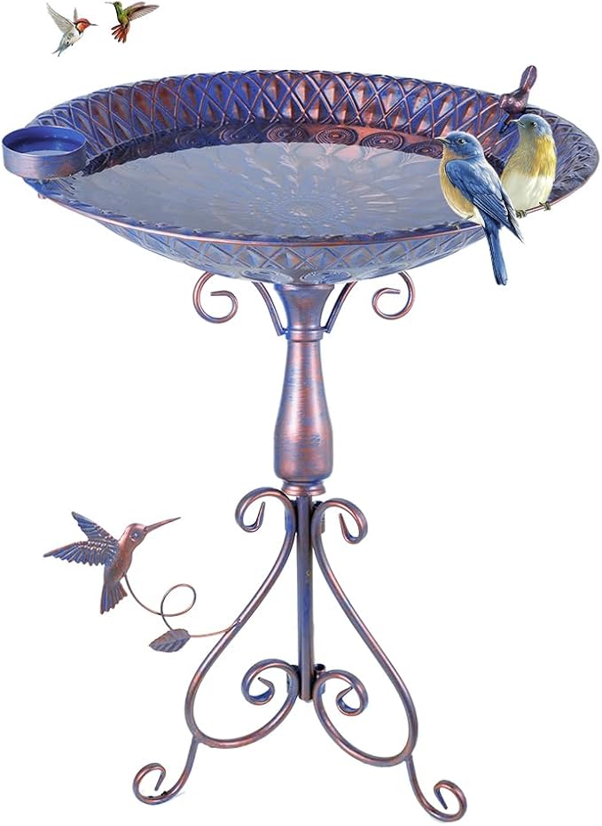 DREAMSOUL 20" Dia Large Bird Bath Stand, Purple Bird Bath for Outside with Peacock Feather Pattern 4" Deep Birdbath for Lawn Patio Decor